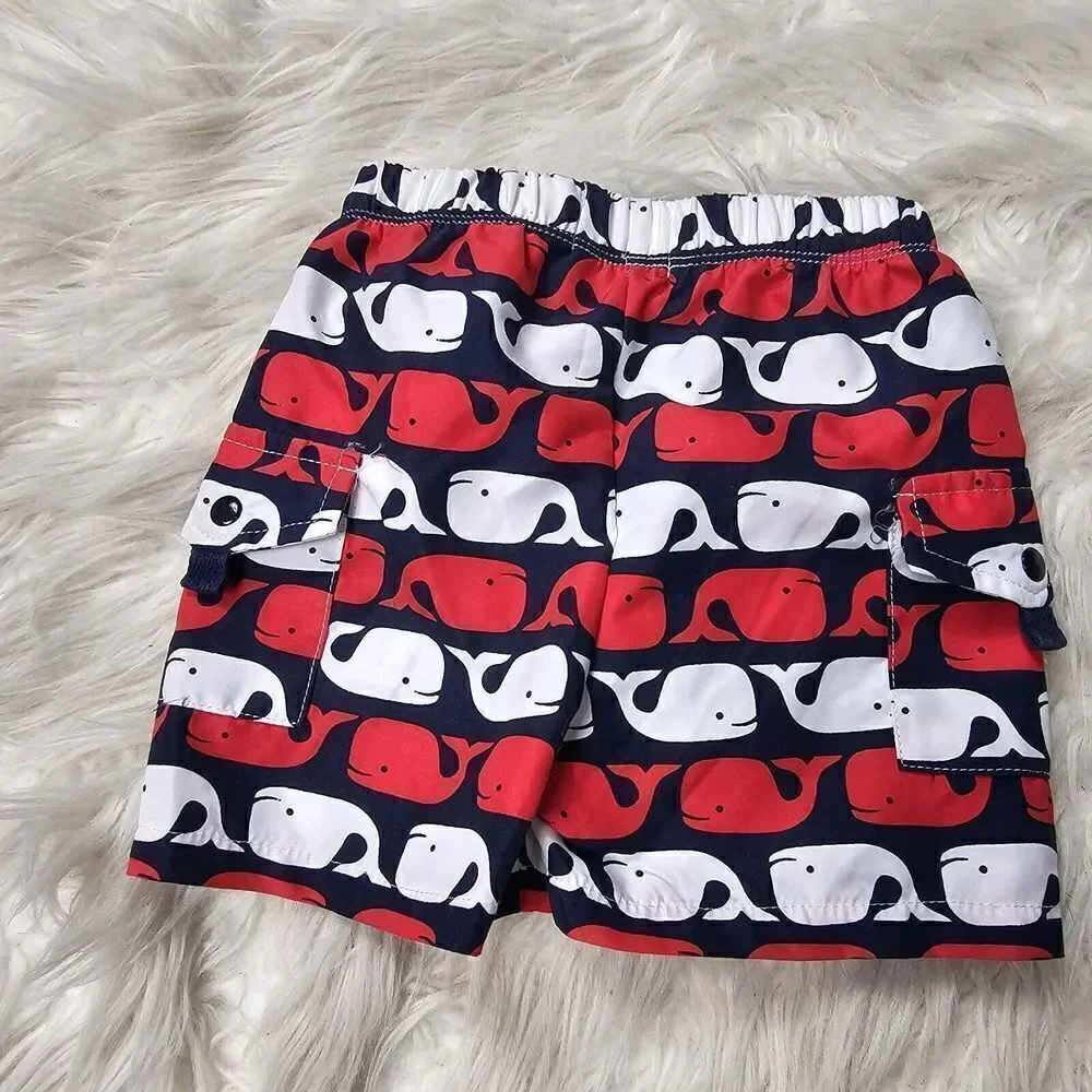 Mud Pie Red White Blue Whale Print Swim Trunk Baby Boy Size 0-6 Months Lined